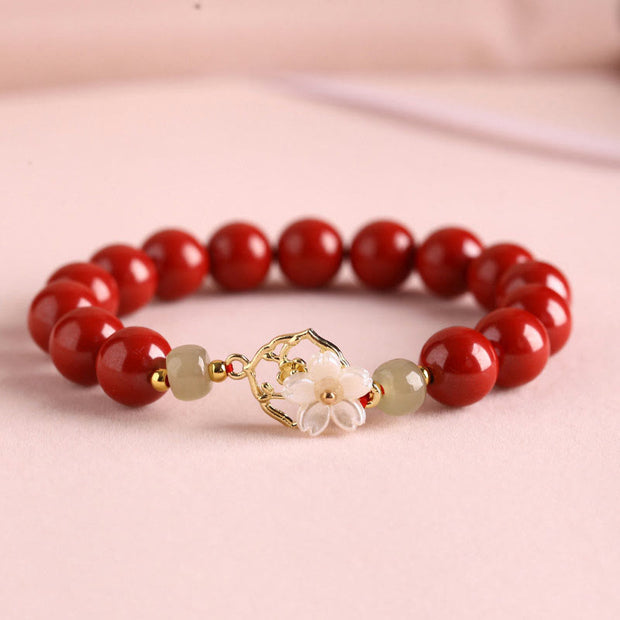Buddha Stones Natural Cinnabar Jade Beaded Tridacna Stone Flower Blessing Bracelet Bracelet BS Red Cinnabar 10mm(Wrist Circumference 18cm)