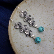 Buddha Stones 925 Sterling Silver Turquoise Lazurite Flower Leaf Serenity Protection Hook Drop Dangle Earrings Earrings BS 6