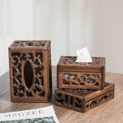 Buddha Stones Retro Wooden Tissue Box Engraved Wooden Tissue Holder Wipes Boxes Decoration