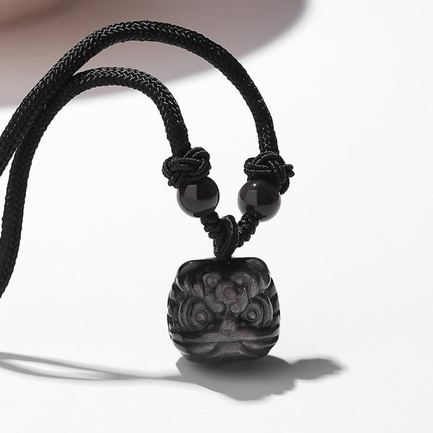 Buddha Stones Natural Silver Sheen Obsidian Red Agate Dancing Lion Protection Necklace Pendant Necklaces & Pendants BS Silver Sheen Obsidian(Communication♥Soothing)