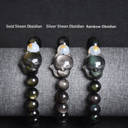 Buddha Stones Natural Rainbow Obsidian Gold Sheen Obsidian Silver Sheen Obsidian Fox Healing Bracelet