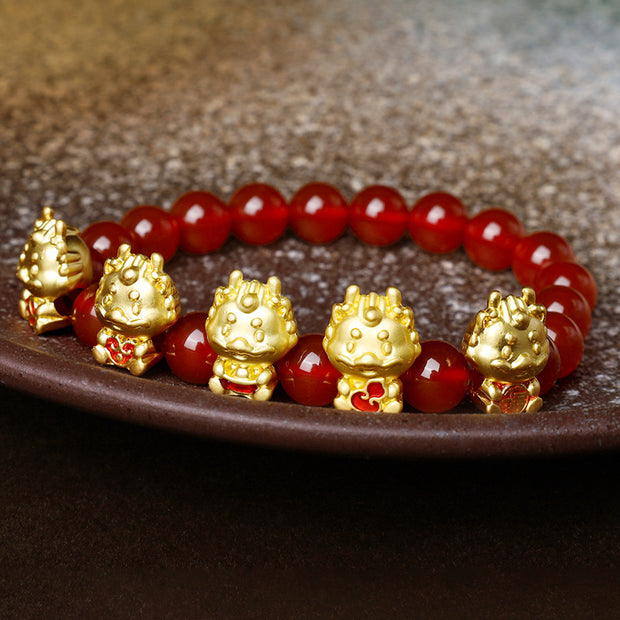 Buddha Stones Year of the Dragon Natural Red Agate Copper Coin Fu Character Protection Bracelet Bracelet BS 1