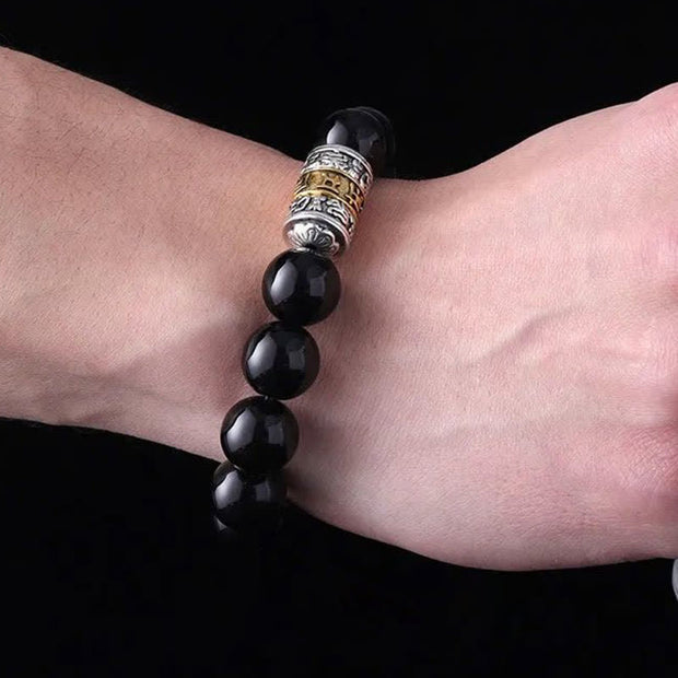 Buddha Stones Black Obsidian Om Mani Padme Hum Transformation Bracelet Bracelet BS 4