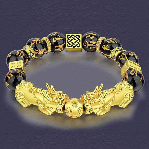 Buddhastoneshop FengShui Double PiXiu Obsidian Om Mani Padme Hum Wealth Bracelet