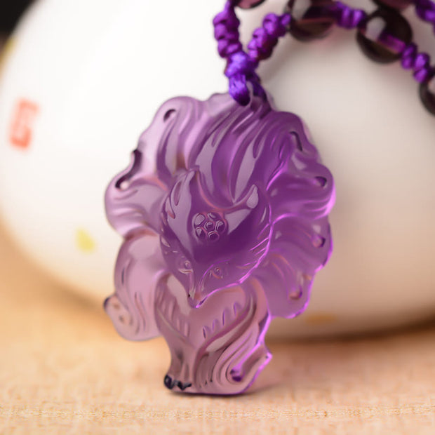 Buddha Stones Natural Amethyst White Crystal Citrine Nine Tailed Fox Luck Necklace Pendant Necklaces & Pendants BS Amethyst(Inner Peace♥Healing) Nine Tailed Fox