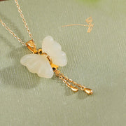 Buddha Stones 925 Sterling Silver Plated Gold Hetian White Jade Butterfly Blessing Necklace Pendant