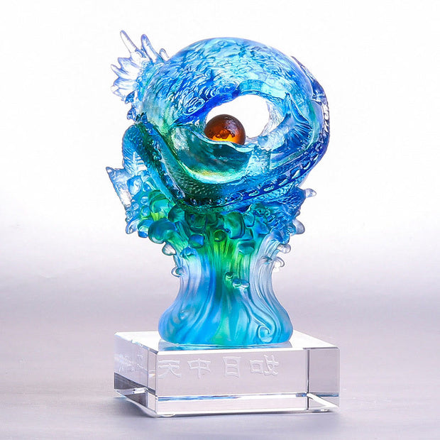 Buddha Stones Handmade Azure Dragon Liuli Crystal Art Piece Success Protection Home Office Decoration