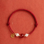 Buddha Stones 925 Sterling Silver Good Fortune Fu Character Agate Pearl Red String Braid Bracelet Bracelet BS 16