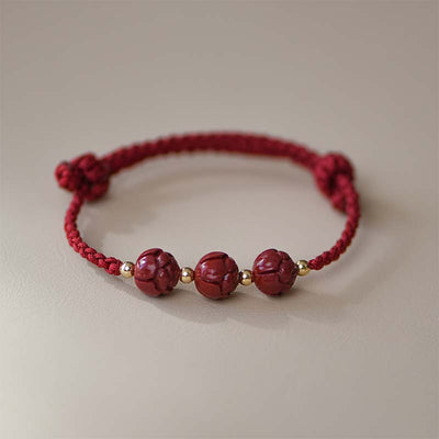 Buddha Stones Cinnabar Jade Lotus Calm Red String Weave Bracelet Bracelet BS Three Lotus(Wrist Circumference 14-20cm)