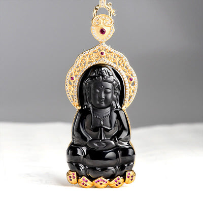 Buddha Stones 925 Sterling Silver Natural Black Jade Kwan Yin Avalokitesvara Wealth Necklace Pendant Necklaces & Pendants BS Black Jade(Protection♥Calm)