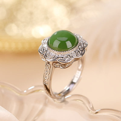 Buddha Stones 925 Sterling Silver Hetian Cyan Jade Flower Design Luck Adjustable Ring Ring BS Hetian Cyan Jade(Success♥Healing)