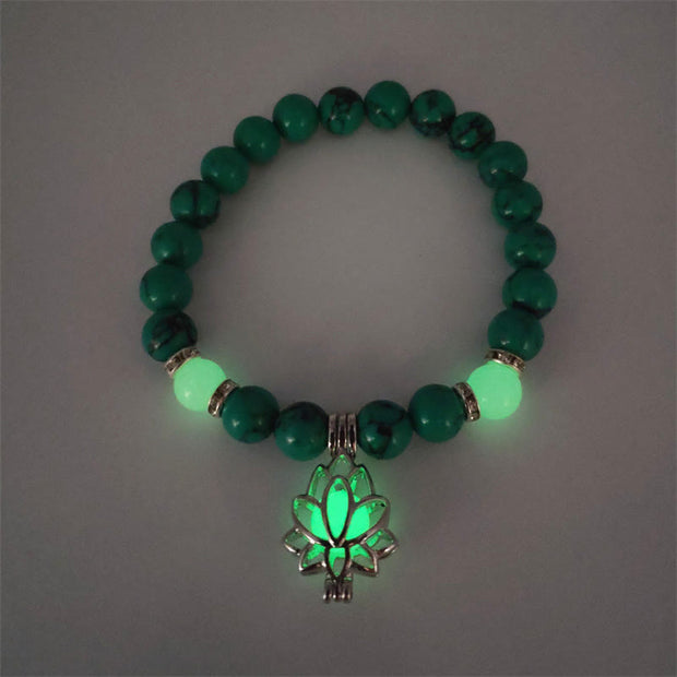 Buddha Stones Tibetan Turquoise Glowstone Luminous Bead Lotus Protection Bracelet Bracelet BS Turquoise Green Light