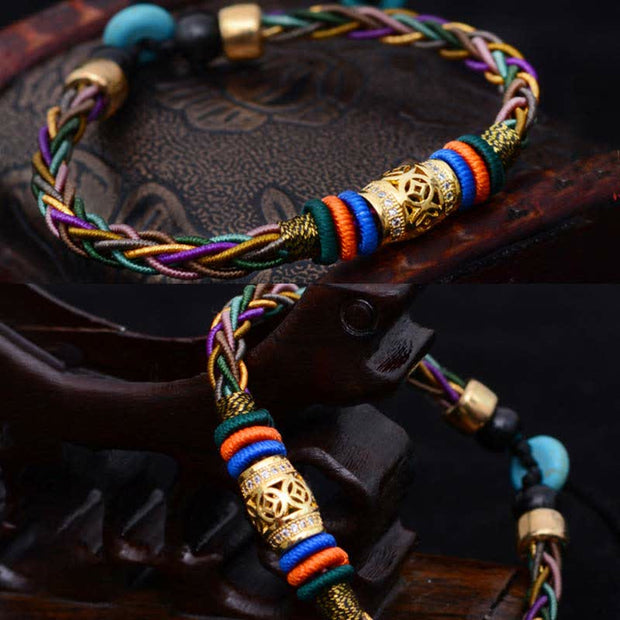 Buddha Stones Tibetan Handmade Eight Thread Knot Copper Coin Luck Weave String Bracelet Bracelet BS 7