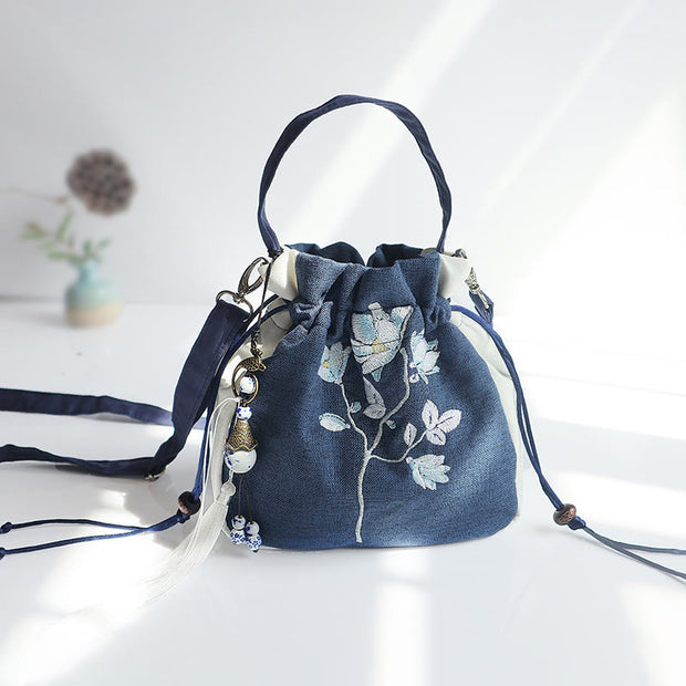Buddha Stones Handmade Embroidered Flowers Canvas Tote Shoulder Bag Handbag Bag BS Blue White Flower Leaves