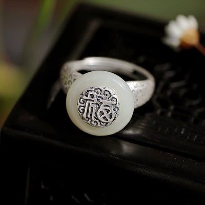 Buddha Stones White Jade Blessing Letter Happiness Adjustable Ring Ring BS White Jade ( Protection ♥ Happiness)