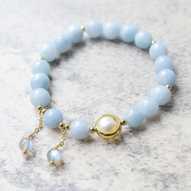 Buddha Stones Aquamarine Pearl Healing Moonstone Beads Charm Bracelet Bracelet BS 6