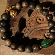Buddha Stones 999 Gold Brunei Agarwood Cyan Jade Lotus Flower Peace Strength Bracelet Bracelet BS 15