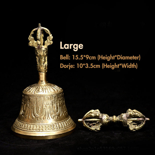 Buddha Stones Tibetan Meditation Bell and Vajra Dorje Copper Decoration Set Buddhist Supplies BS Gold Large