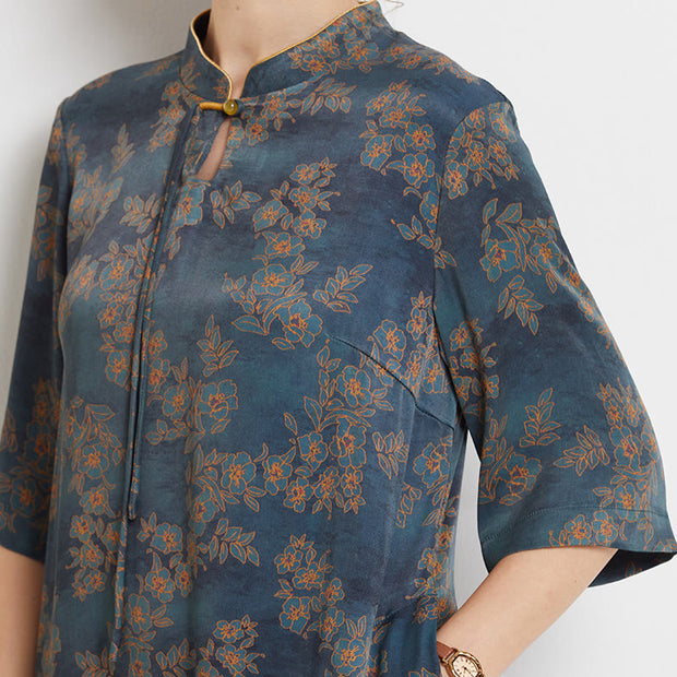 Buddha Stones Blue Flower Leaves Pattern Women's Mid Sleeve Cheongsam Dress