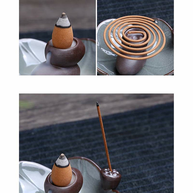 Buddha Stones Lotus Plum Blossom Square Ceramic Spiritual Backflow Incense Burner