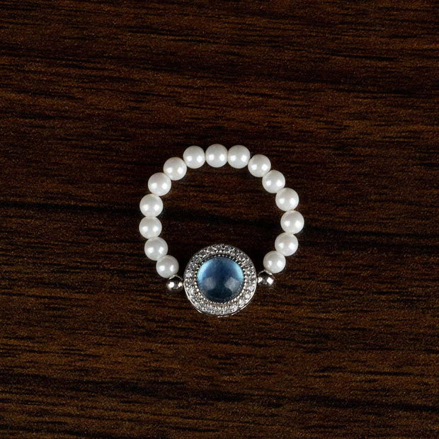 Buddha Stones 925 Sterling Silver Pearl Blue Chalcedony Healing Chain Bracelet Ring Bracelet BS 3mm Pearl Ring(Elastic-Diameter 16mm/US5)