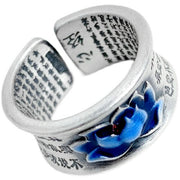 Buddha Stones Blue Lotus Flower Heart Sutra Engraved Pattern Enlightenment Ring Ring BS 6