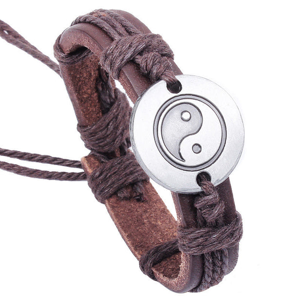 Buddha Stones Retro Yin Yang Leather Harmony String Bracelet Bracelet BS Brown(Bracelet Size 23cm)