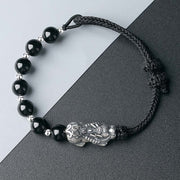 Buddha Stones 999 Sterling Silver FengShui PiXiu Natural Black Obsidian 925 Sterling Silver Bead Strength Bracelet