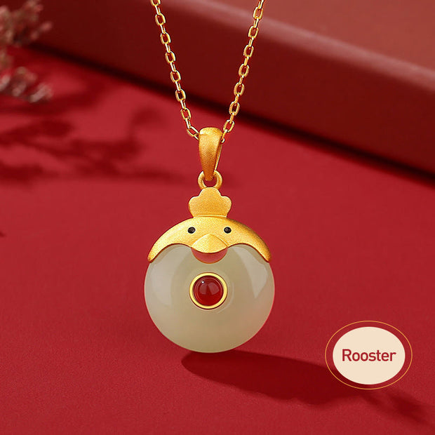 Buddha Stones 925 Sterling Silver Hetian Jade Chinese Zodiac Year of the Dragon Red Agate Luck Protection Necklace Pendant Necklaces & Pendants BS Rooster