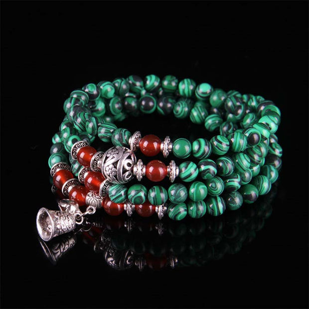 Buddha Stones Tibetan 108 Beads Malachite Red Agate Bell Protection Bracelet Mala Mala Bracelet BS 6mm*108 Malachite&Red Agate