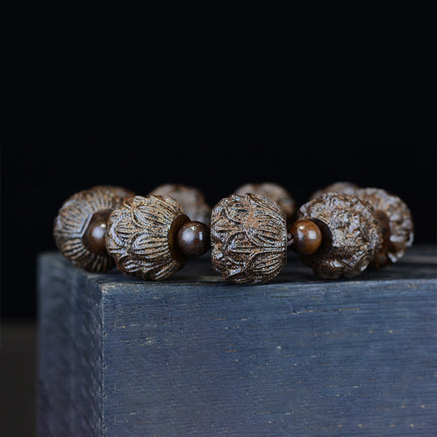 Buddha Stones Ebony Wood Eighteen Arhats Lotus Dragon Engraved Balance Bracelet Bracelet BS 7