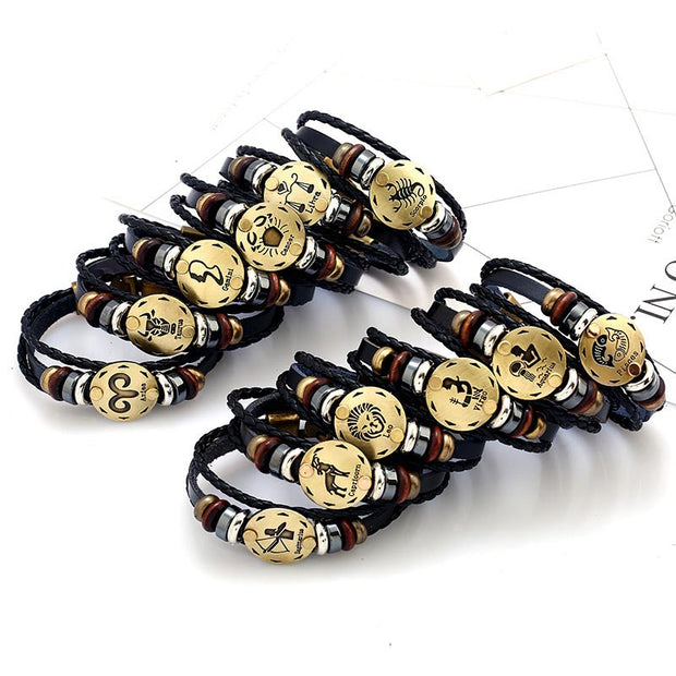 12 Constellations of the Zodiac Hematite Leather Charm Bracelet (Extra 30% Off | USE CODE: FS30) Bracelet BS 18