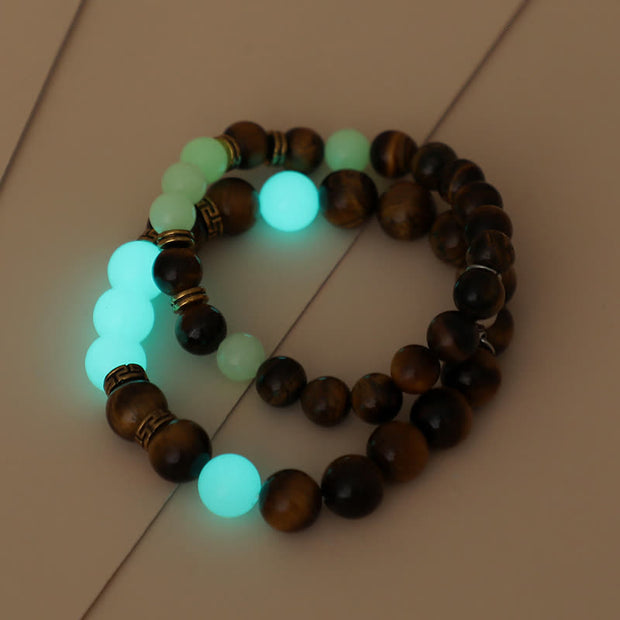 Buddha Stones 2Pcs Tiger Eye Glowstone Luminous Bead Protection Couple Bracelet
