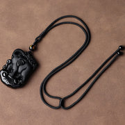Buddha Stones Black Obsidian Elephant Protection String Necklace Pendant Key Chain Necklaces & Pendants BS 14