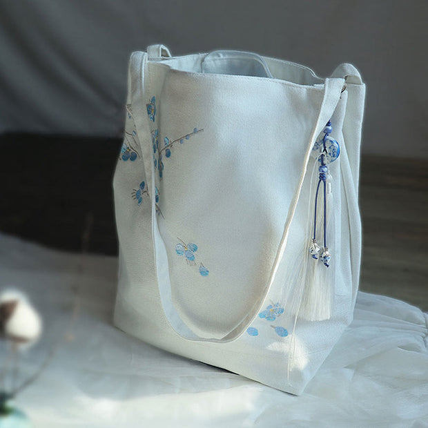 Buddha Stones Flower Crane Plum Blossom Embroidery Canvas Large Capacity Shoulder Bag Tote Bag