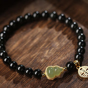 Buddha Stones Natural Black Obsidian Hetian Jade Gourd Double Happiness Strength Bracelet Bracelet BS 10