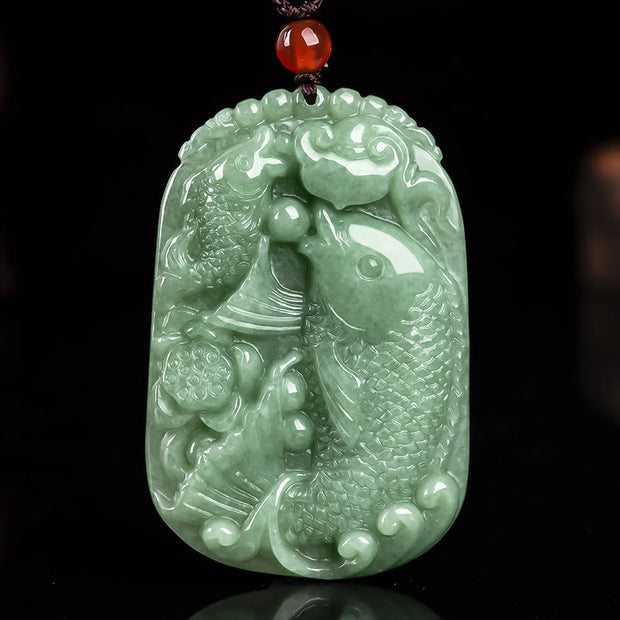 Buddha Stones Natural Jade Koi Fish Lotus Wealth Prosperity Necklace Pendant Necklaces & Pendants BS 1