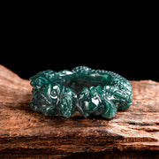 Buddha Stones Natural Cyan Jade Dragon Carved Success Ring Ring BS 4