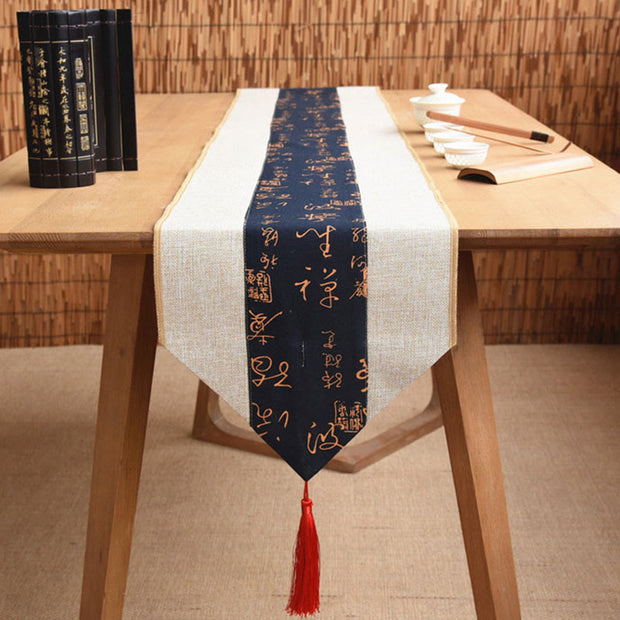 Buddha Stones Classic Chinese Style Lotus Koi Fish Flower Crane Calligraphy Enlightenment Cotton Linen Tassels Table Runner Table Runner BS Beige Blue Calligraphy 30*180cm