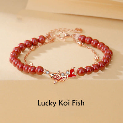 Buddha Stones 925 Sterling Silver Lucky Koi Fish Cinnabar Zircon Prosperity Double Layer Chain Bracelet