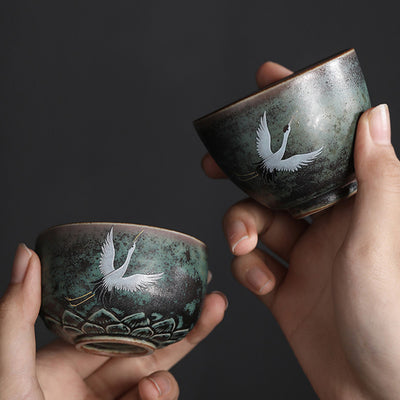 Buddha Stones Auspicious Crane Ceramic Teacup Kung Fu Tea Cup Bowl