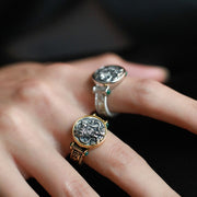 Buddha Stones 925 Sterling Silver Tang Dynasty Flower Design Carved Zakiram Goddess of Wealth Luck Ring Ring BS 4