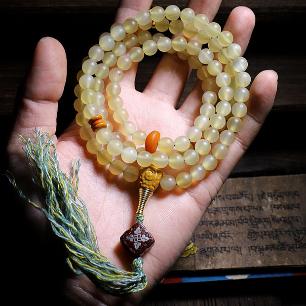 Buddha Stones 108 Mala Beads Tibet Sheep Horn Amber Luck Bracelet Bracelet Mala BS 2