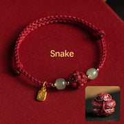 Buddha Stones Natural Cinnabar Chinese Zodiac Hetian Jade Fu Character Luck Rope Bracelet Bracelet BS Snake(Wrist Circumference 14-18cm)