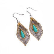 Buddha Stones 925 Sterling Silver Turquoise Bodhi Leaf Pattern Protection Drop Dangle Earrings Earrings BS 15