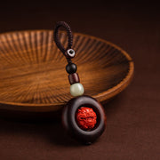 Buddha Stones Tibet Om Mani Padme Hum PiXiu Copper Coin Small Leaf Red Sandalwood Cinnabar Protection Key Chain Key Chain BS 11
