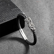 Buddha Stones Dragon Leather Titanium Steel Luck Braided Bracelet Bangle
