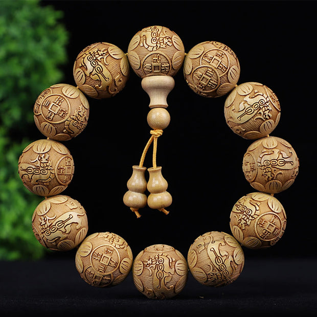 Buddha Stones Chinese Zodiac Rosewood Ebony Boxwood Copper Coin PiXiu Carved Warmth Bracelet Bracelet BS Boxwood Copper Coin
