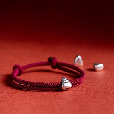 Buddha Stones 925 Sterling Silver Fu Character Blessing Handmade Braided Bracelet Bracelet BS Dark Red