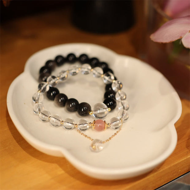 Buddha Stones Natural Silver Sheen Obsidian Pink Crystal White Crystal Protection Yin Yang Color Couple Bracelet Bracelet BS 1